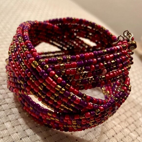 Gorgeous Oversized Boho Beaded Pink Cuff Bracelet - Picture 1 of 11
